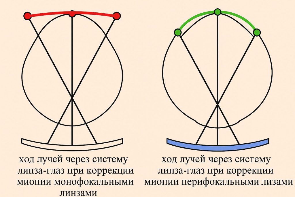 слева монофокальные линзы, справа перифокальные