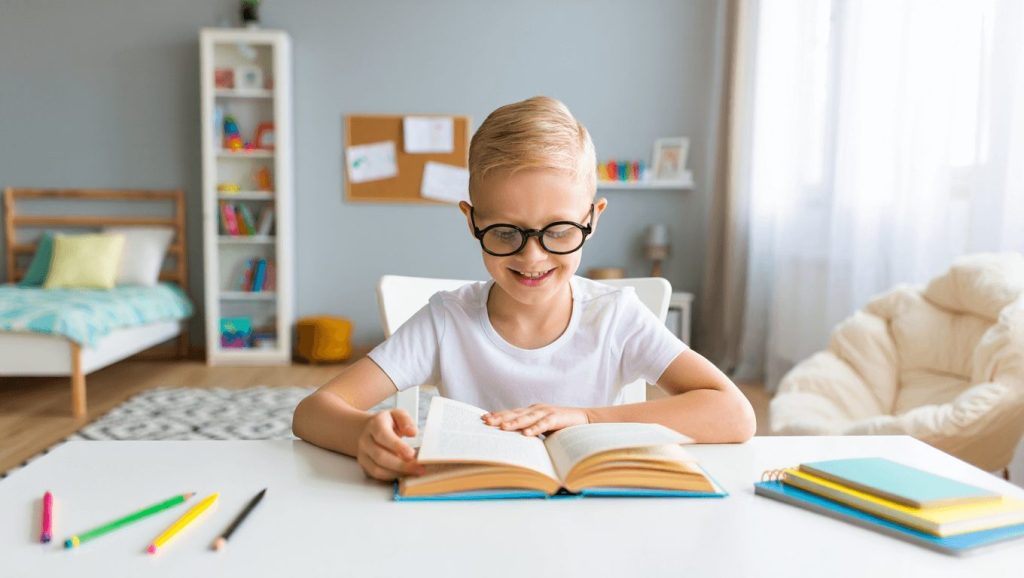 ребенок в очках читает книгу