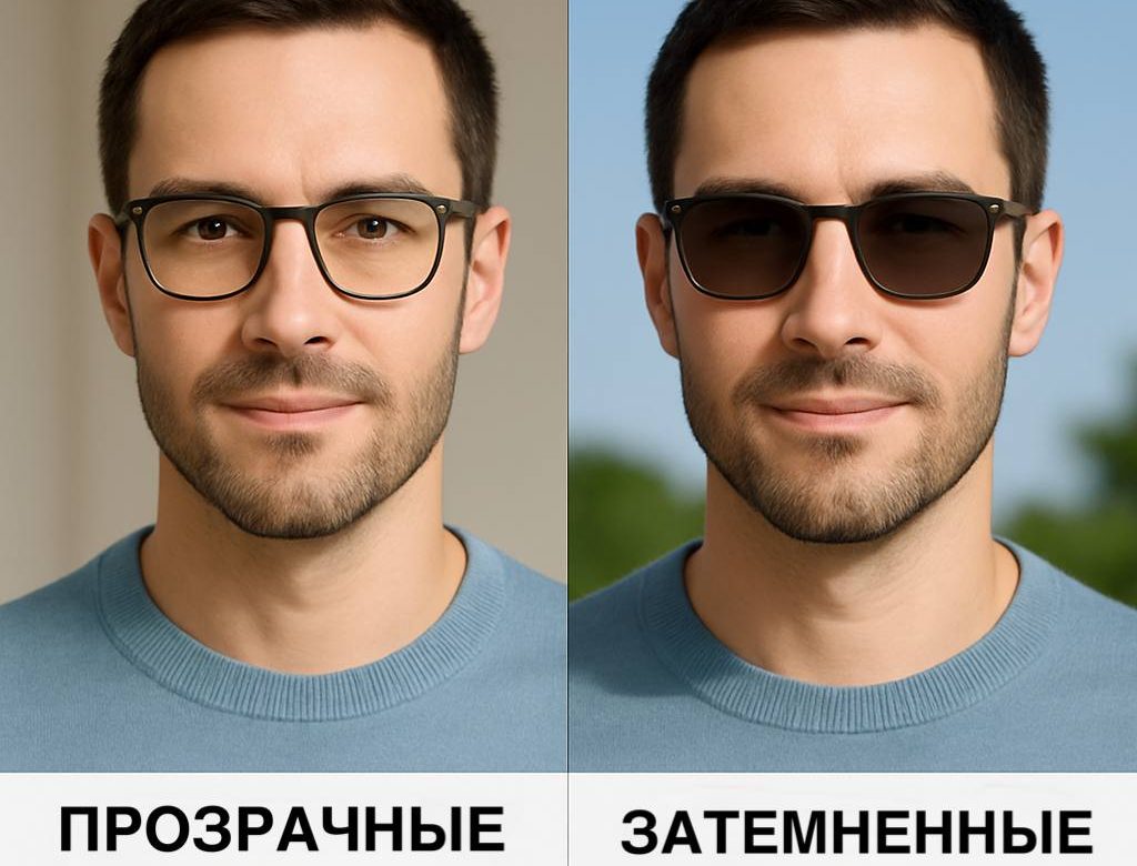 фотохромные линзы подстраиваются под освещение: слева — прозрачные в помещении, справа — затемненные на улице при солнечном свете