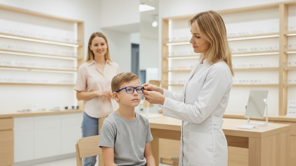 мальчику подбирают очки в салоне